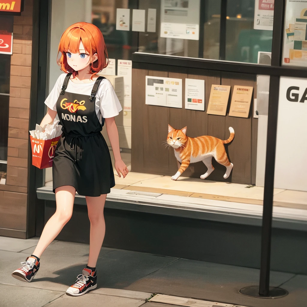 A ginger cat walking to McDonald's