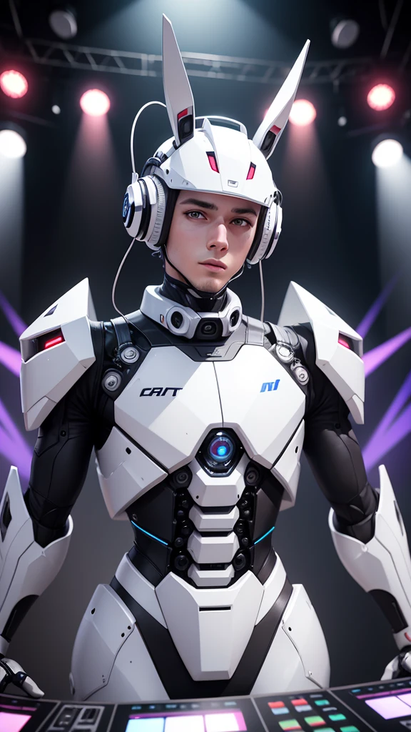 
robot rabbit, White color, male gender, portrait photo style, on stage at a concert, like a dj, non-human,