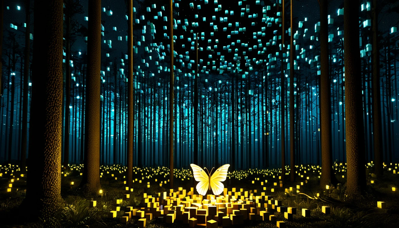 An enchanted forest in a deep, secret location littered with RAL-3D cubes, A wonderful light shines into the darkness,butterfly々is looking at the stars,butterfly々are flying a lot