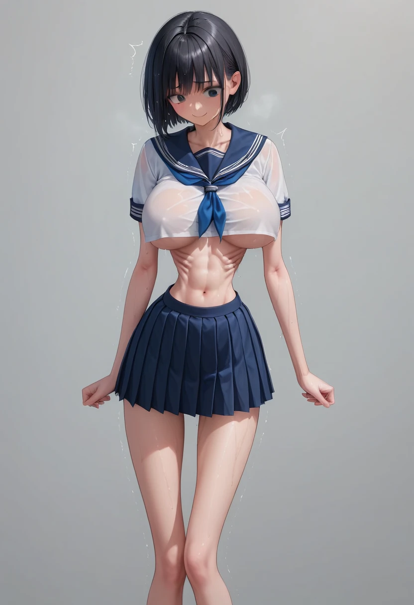 (masterpiece, best quality:1.2), front shot, beautiful thin 1girl, (super big breasts, micro waist, very long legs:1.5), Black hair, short bob hair, (Extremely skinny), short height, Light Skin, cute big eyes, cute beautiful thin face, forced smile, serafuku, mini skirt, Arched back, pigeon-toed, Embarrassing pose, Long and thin navel, (beautiful visible ribs:1.3), wet and sweaty, Trembling