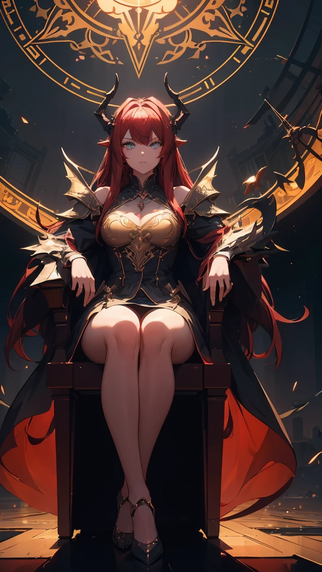 (masterpiece), (best quality), (high uqality), (8k), girl, (full-body), dragon armor, intricate details, red glow, short shilver hair, back messy hair, detailed hair strands, light blue eyes, dominance expression, sitting on a fabulous looking throne in hell, fire background, and dragons in the night sky, fierce aura, (high quality ilumination)