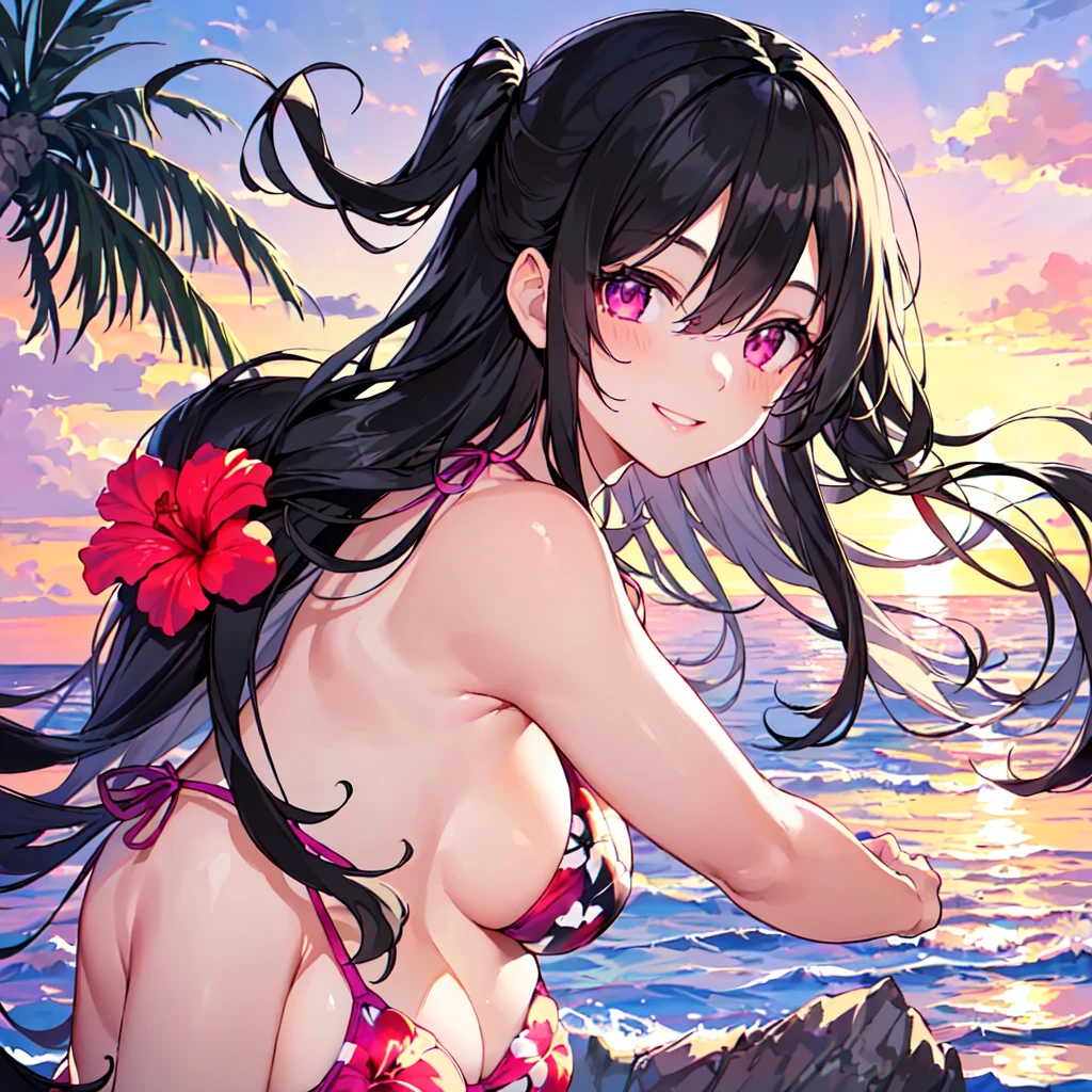 masterpiece, best quality, high quality, extremely detailed, very delicate and beautiful, (1 female 18 years old solo:1.5), (long black hair up to waist with two side up:1.5), bangs to eyebrows, eyes (eyes sharp, strong glossy glossy eyes, eyebrows glossy, (eye color magenta:1.3), 6.5 head height, (bikini swimsuit with hibiscus print:1.3), (floating on back in sea), (smiling), (dynamic pose), (background tropical sea:1.3), (sunset: 1.3), (upper body:1.3),