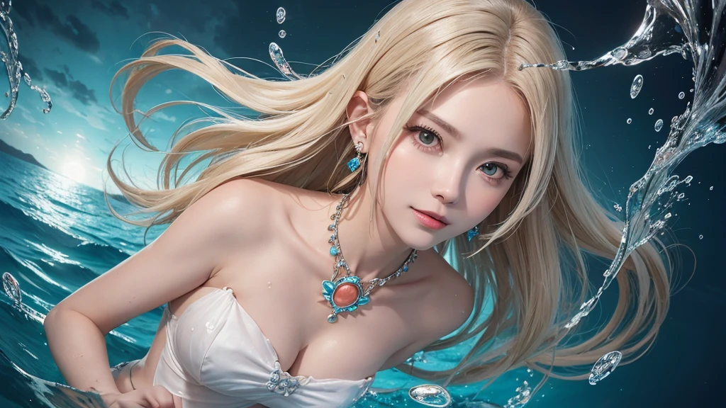 (Highest Quality Realistic Textured Skin),(terrible),(OK, round, Symmetrical eyes),Delicate facial features,(Burning bright cold eyes),(She has a mischievous smile),(Her face is kind and beautiful),Glass earrings in the ears,,(blonde),(Silvery white hair),(Chestnut Hair),(Swim at the bottom of the ocean),(Full body portrait:1.5),(Dramatic Photos:1.4),(Dramatic Pose),(Flashy photos)(look up),(Looking down),(Around her neck is a simple necklace made with exquisite craftsmanship.),Cluttered photos,(Hair flowing in water:1.5),(Underwater, Life at sea, 美しいCoral Reef, fish),(Background vortices and currents),(Dramatic Light),(Nice views),(美しいfishに囲まれて),遠くの背景にはCoral Reefに沈んだ寺院が見える,Coral Reef,Spectacular realism,Cinematic atmosphere,(High-density image review:1.5),(Soft colors:1.2),Very detailed,Dramatic Light,(Intricate details:1.1),Complex background,