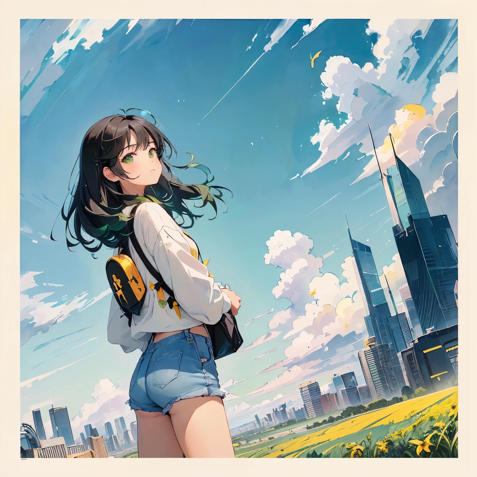 ((Vast Sky+Vast grassland+Nice views: 1.2+Dramatic painting),(Beautiful skyline+The North Star Hanging High+Colorful natural light+Best lighting)), Moving visual effects,((One girl)+ Long sleeve tops + Denim shorts + Backpack + Delicate face: 1.2), (Black Hair + Yellow Hair + Green Hair: 1.3), Dynamic pose: 1.2, ((Wide Shot + Dynamic Angle + Delicate framing), (Flying Bird:0.9+Flowing Clouds:0.9)),((watercolor+Gradient color effect):0.9), leaf