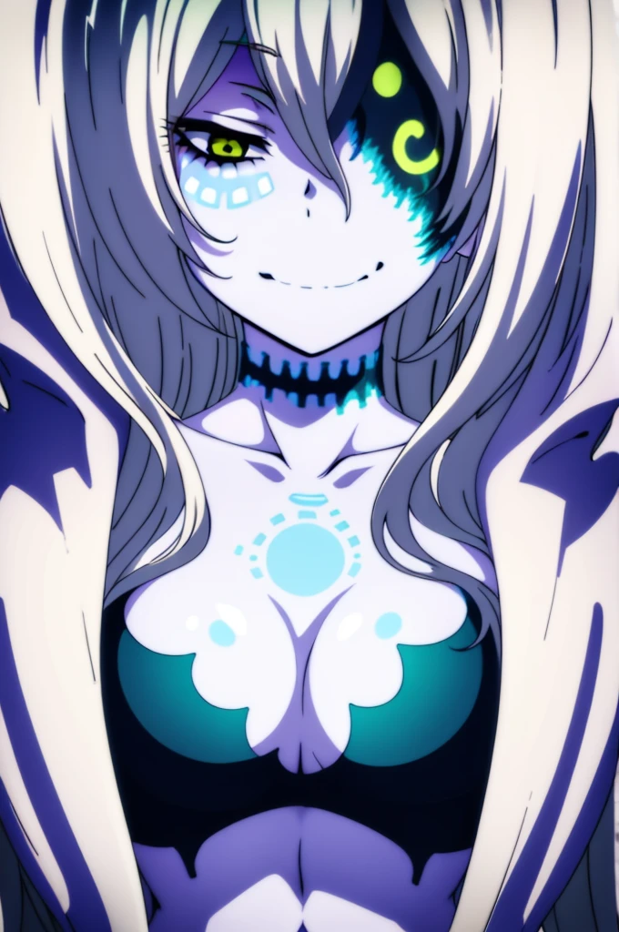 (masterpiece, best quality, ultra-detailed), 1girl, LokiKamikatsu, digital eyepatch, digital choker, digital bikini white skin, looking at viewer, seductive smile