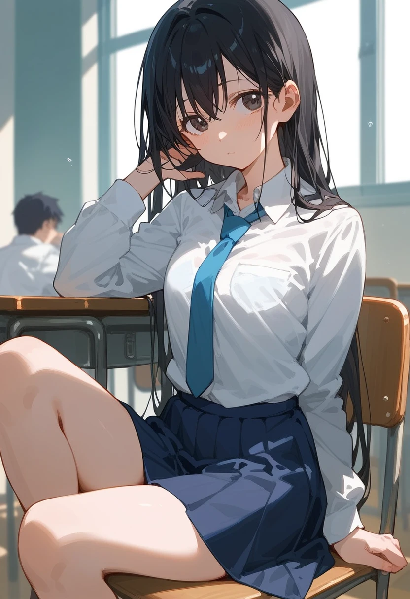 Hoshino Ichika,Project Sekai,project sekai,One girl,grinning,high school girl,Blue-black hair,black eye,beautiful girl,long hair,School,White shirt,Blue tie,skirt,Sitting in a chair,Watching the audience,nsfw,Secretly showing off her bra,