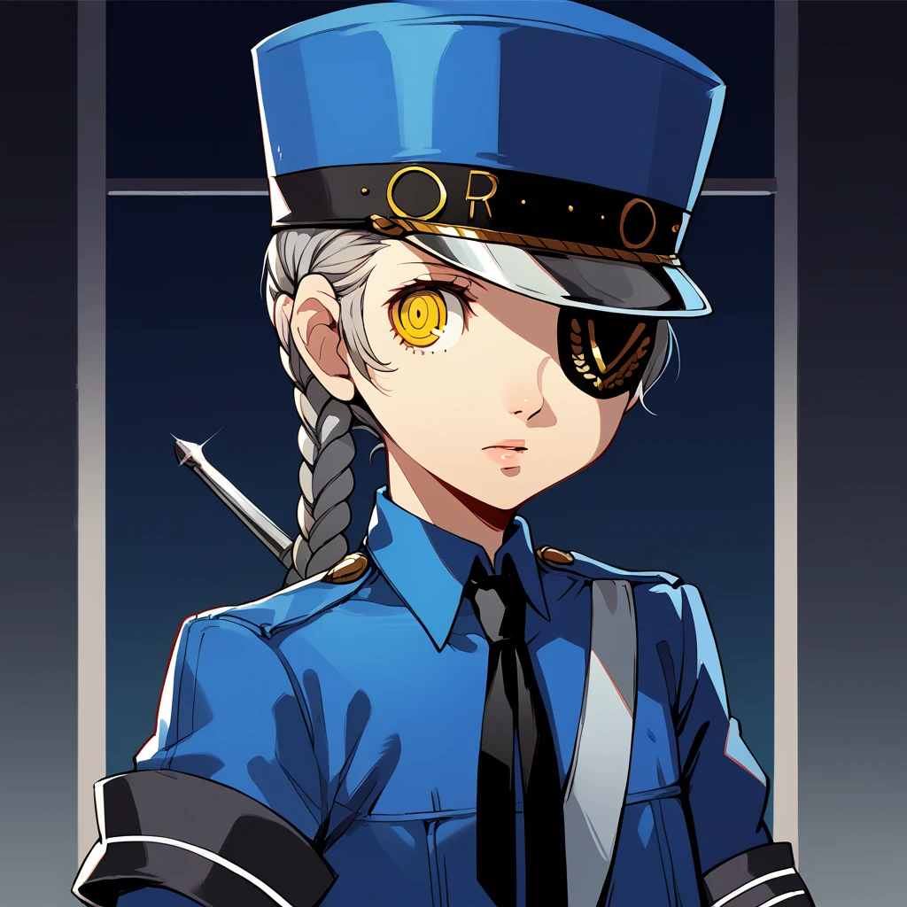 JustineP5, justine (persona 5), official outfit, yellow eyes, gloves, hat, braid, eyepatch, black gloves, long hair, necktie, upper body, long sleeves, blue headwear, shirt, grey hair, armband, blue shirt, single braid, wing collar,