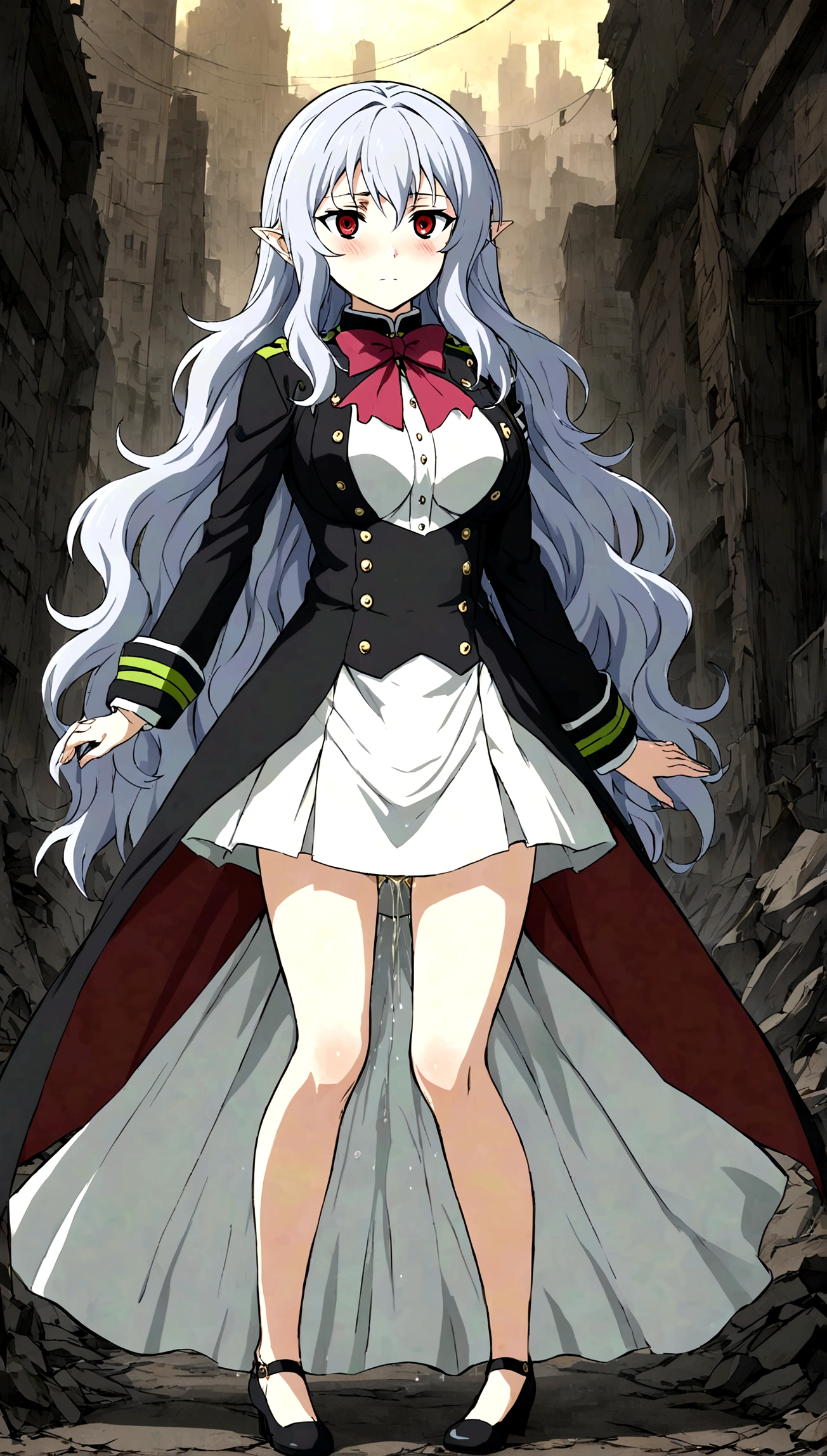 Anime. Owari no Seraph. 1 Girl. Dear . A vampire. Progenitor Clumsy. Silver hair. Wavy hair. Long hair. Red eyes. Beautiful eyes. Perfect eyes. Expressive eyes. Ideal face. Perfect body. Beautiful long ones. legs. Beautiful nose. 18 years. Big breasts. Standing. Full length Beautiful character design. Shiny skin. Pointy ears. White dress. Vampire uniform dress from
Owari no Seraph. Black stockings. Heeled shoes. Urinary incontinence. She wants to pee. She needs to pee. She has a strong, desperate urge to pee. Hand on crotch. He squeezes his crotch tightly. Rubs the crotch. The girl can't stand straight. Knees together, feet apart. She peed herself. Urine runs down my thighs. Ruins of Tokyo. Full body. NSWF. Official art. Extremely detailed CG Unity 8k wallpaper. Ideal lighting. Ultra high resolution 4K. Super detailed 8K. A high resolution.