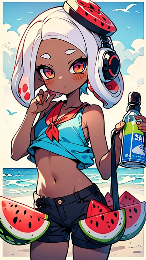 splatoon style anime illustration,rapper girl,octopus girl,octoling,summer outfits,dark skin,short hair with octopus suckers,headphone,navel,watermelon seller,seaside,