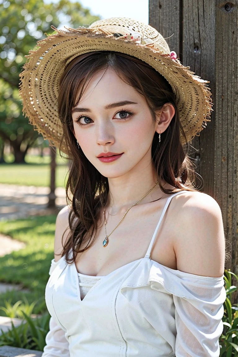 (Preserve face images), pale face:1.3、Super thin face:1.3, (very big eyes:1.5)、 (blown eyes:1.5), master piece、8K, {highest quality}, {{masterpiece}}, {very delicate and beautiful}, outstanding light and shadow, highly detailed wallpaper, clear and bright sunlight, (((Full body))), 1 girl, blush、(薄い茶colorの髪), strong sunlight, ((a strong light shines on your face)), color々A pose:1.5, necklace、ring、earrings、BREAK ((bohemian style, lose fashion):1.3), (straw hat on head:1.4), (long bell Sleeves ivory-white bohemian pattern crochet-knit one-piece dress with fringe trim:1.4), (white fringe trim:1.4), ((bateau neck, collarbone):1.3), (sandals with heels:1.2) ,(Toothless smile:1,5),