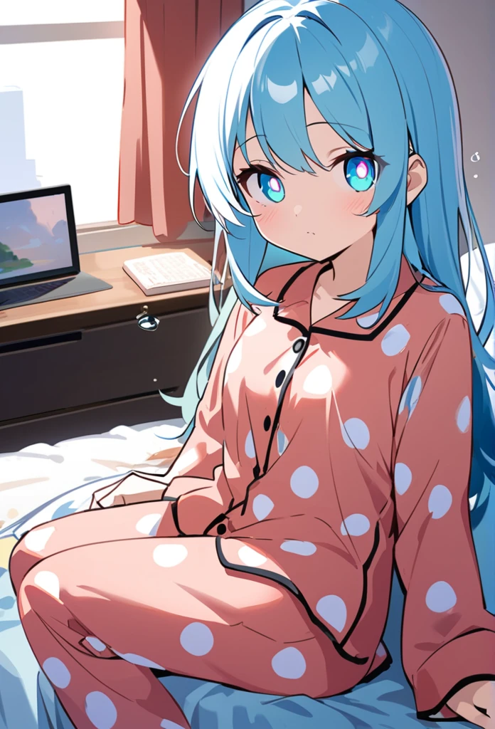 You are a professional illustrator。Please carefully check and draw the illustration according to the following conditions.、Morning Situation、A girl is sitting on her bed, gazing sleepily at the camera.、Delicate anime face、Big clear eyes、In pajamas、