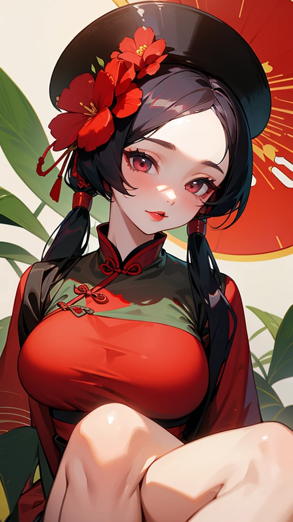 1 girl,bush,Fashi girl,Chinese dress,Chinese clothes,hair flower,(Masterpiece:1.4),(best quality:1.4),(Shiny skin),red lips,look at viewer,big breasts,Cleft lip