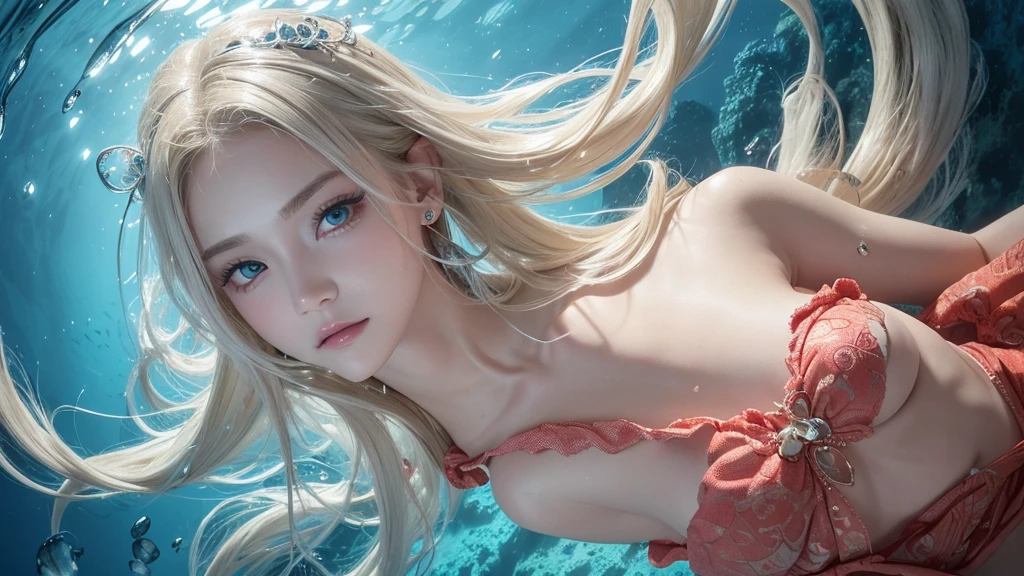 （Highest Quality Realistic Textured Skin),(terrible),(OK, round, Symmetrical eyes),Delicate facial features,(Burning bright cold eyes),(She has a mischievous smile),(Her face is kind and beautiful),Glass earrings in the ears,,(blonde),(Silvery white hair),(Chestnut Hair),(Swim at the bottom of the ocean)，(Full body portrait:1.5),(Dramatic Photos:1.4),(Dramatic Pose),(Flashy photos)(look up),(Looking down),(Around her neck is a simple necklace made with exquisite craftsmanship.),Cluttered photos，(Hair flowing in water:1.5),(Underwater, Life at sea, 美しいCoral Reef, fish),(Background vortices and currents),(Dramatic Light),(Nice views),(美しいfishに囲まれて),遠くの背景にはCoral Reefに沈んだ寺院が見える,Coral Reef,Spectacular realism,Cinematic atmosphere,(High-density image review:1.5),(Soft colors:1.2),Very detailed,Dramatic Light,(Intricate details:1.1),Complex background,