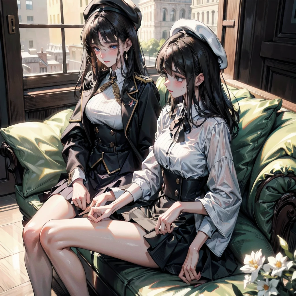 absurdres, RAW photo, extremely delicate and beautiful, masterpiece, Best Quality, ultra high resolution, 32k, hyperrealistic, ultra-detailed, delicate facial features, beautiful detailed woman, tearful mole, earring, medium breasts, full body shot, medium hair, black hair, 2 girls, yuri, beret, skirt, military uniform,