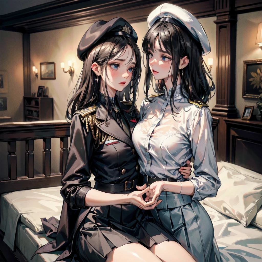 absurdres, RAW photo, extremely delicate and beautiful, masterpiece, Best Quality, ultra high resolution, 32k, hyperrealistic, ultra-detailed, delicate facial features, beautiful detailed woman, tearful mole, earring, medium breasts, full body shot, medium hair, black hair, 2 girls, yuri, beret, skirt, military uniform,