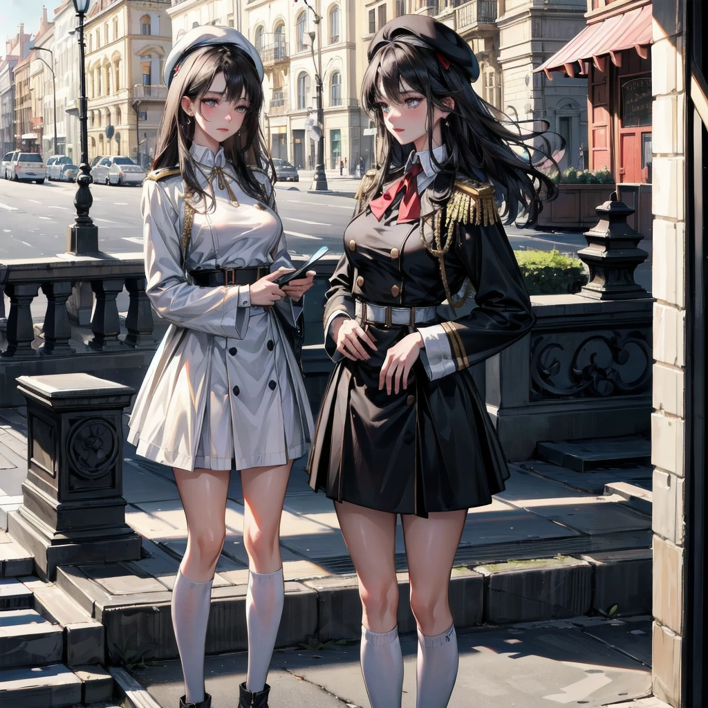 absurdres, RAW photo, extremely delicate and beautiful, masterpiece, Best Quality, ultra high resolution, 32k, hyperrealistic, ultra-detailed, delicate facial features, beautiful detailed woman, tearful mole, earring, medium breasts, full body shot, medium hair, black hair, 2 girls, yuri, beret, skirt, military uniform,