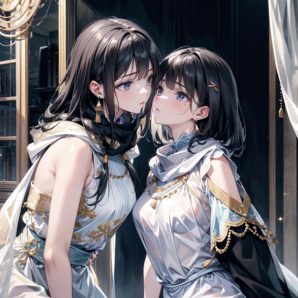 absurdres, RAW photo, extremely delicate and beautiful, masterpiece, Best Quality, ultra high resolution, 32k, hyperrealistic, ultra-detailed, delicate facial features, beautiful detailed woman, tearful mole, earring, medium breasts, full body shot, medium hair, black hair, 2 girls, yuri, ((Tribe poncho)),