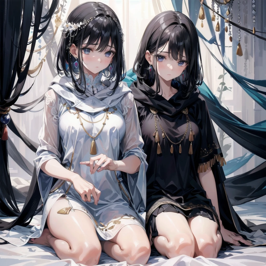 absurdres, RAW photo, extremely delicate and beautiful, masterpiece, Best Quality, ultra high resolution, 32k, hyperrealistic, ultra-detailed, delicate facial features, beautiful detailed woman, tearful mole, earring, medium breasts, full body shot, medium hair, black hair, 2 girls, yuri, ((Tribe poncho)),