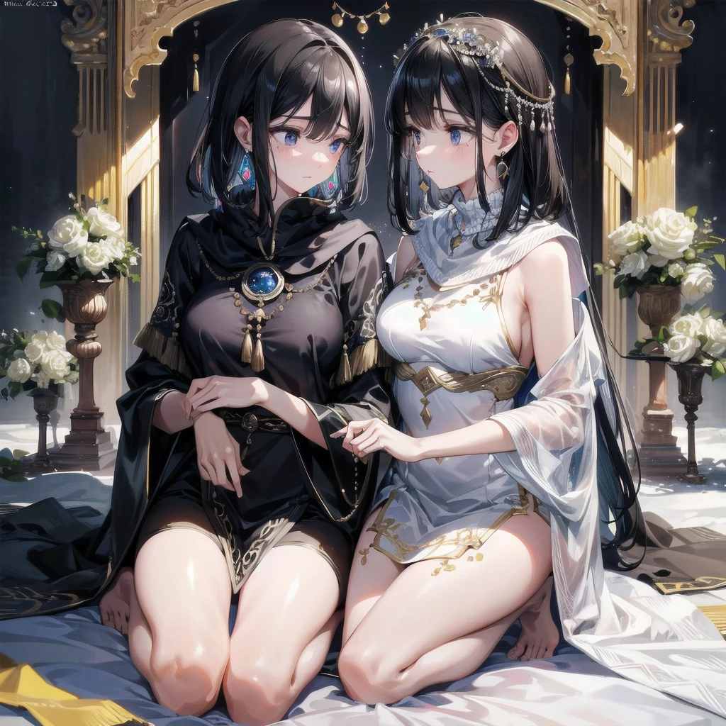 absurdres, RAW photo, extremely delicate and beautiful, masterpiece, Best Quality, ultra high resolution, 32k, hyperrealistic, ultra-detailed, delicate facial features, beautiful detailed woman, tearful mole, earring, medium breasts, full body shot, medium hair, black hair, 2 girls, yuri, ((Tribe poncho)),