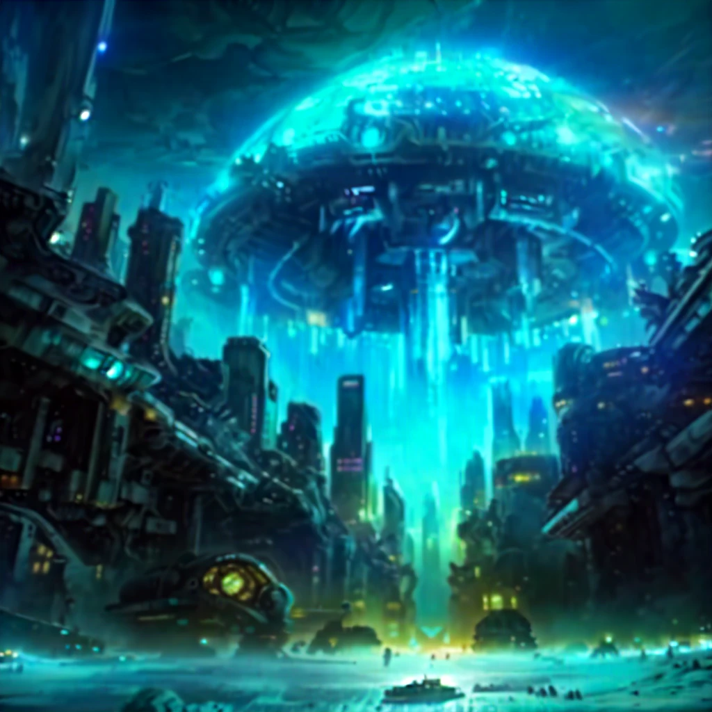 Painting of a giant alien spaceship hovering above a city, Alien City, Cyberpunk Jellyfish, ancient Science fiction art, an an underwater city, an underwater city, an Alien City, Sci-fi alien world, alien structure, Ancient Alien Portal, ruined alien structures, Science fiction art, Science fiction painting, Fantasy sci-fi city, 未来的なan underwater city