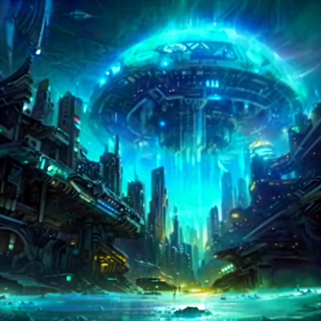 Painting of a giant alien spaceship hovering above a city, Alien City, Cyberpunk Jellyfish, ancient Science fiction art, an an underwater city, an underwater city, an Alien City, Sci-fi alien world, alien structure, Ancient Alien Portal, ruined alien structures, Science fiction art, Science fiction painting, Fantasy sci-fi city, 未来的なan underwater city