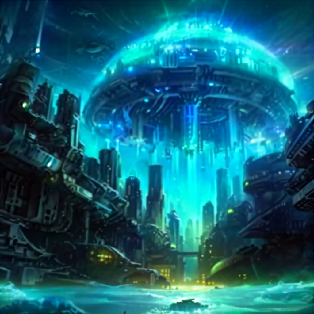 Painting of a giant alien spaceship hovering above a city, Alien City, Cyberpunk Jellyfish, ancient Science fiction art, an an underwater city, an underwater city, an Alien City, Sci-fi alien world, alien structure, Ancient Alien Portal, ruined alien structures, Science fiction art, Science fiction painting, Fantasy sci-fi city, 未来的なan underwater city