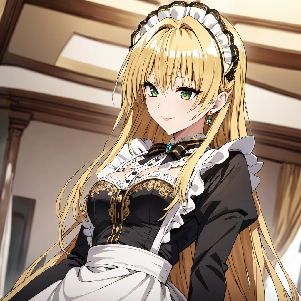 The luxurious and luxurious Victorian maid outfit features a lot of gorgeous gold embroidery and trim.、((Highest quality)), ((masterpiece)), (detailed), (Perfect Face)、The woman is Tierre, with green eyes, medium-long blonde hair, a Victorian maid outfit and maid headband, jeweled earrings, and an engagement ring.、The woman is smiling fondly in a luxurious room、The Victorian maid uniform is a calm, old-fashioned type with long sleeves and a long skirt, decorated with luxurious gold embroidery and edging.