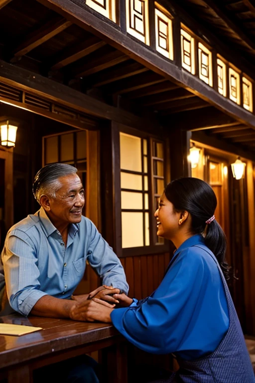 night，Young male，cute female，Elderly hotel owner，Old village house，dialogue，Ultra Detail，masterpiece