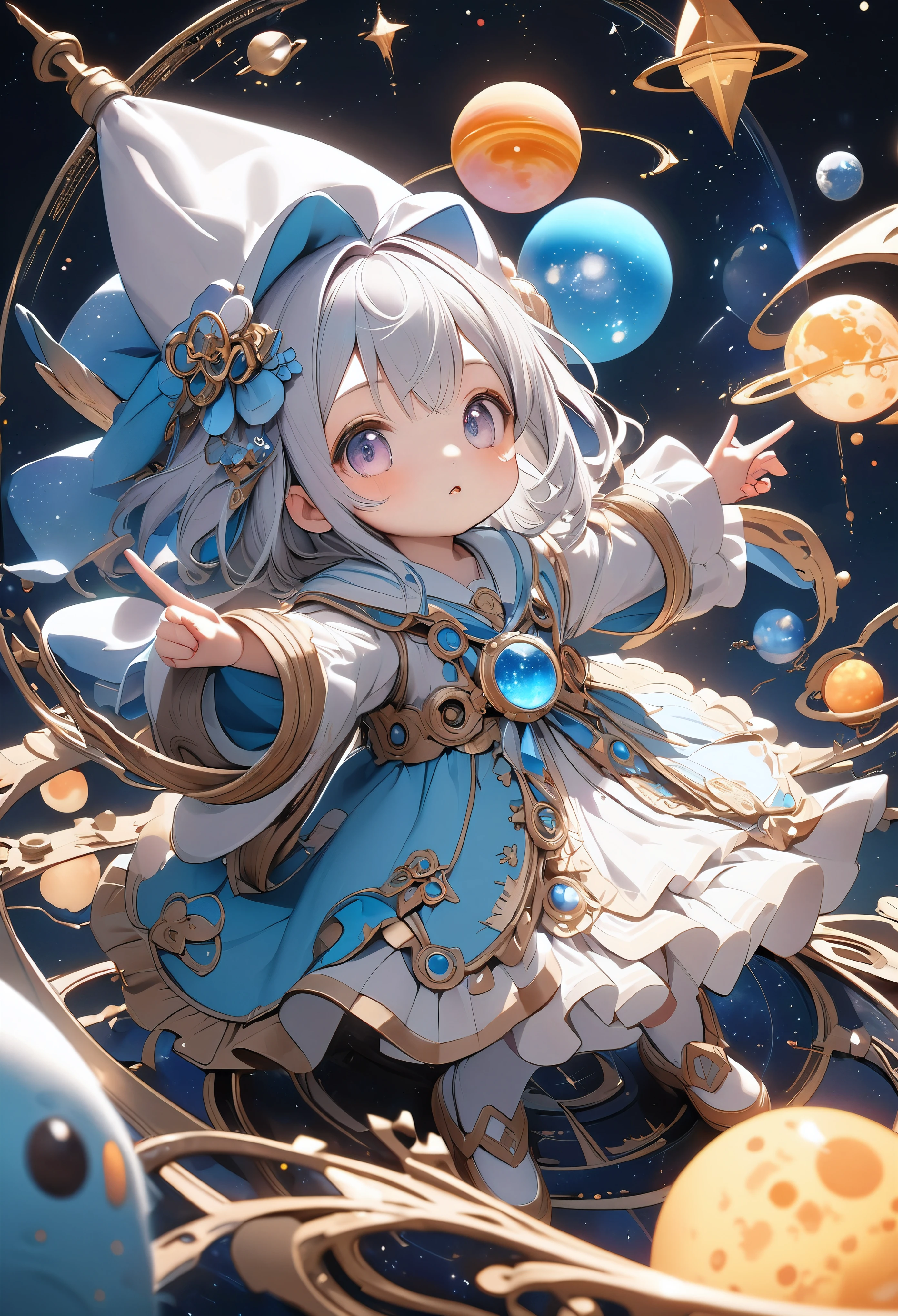 kawaii, Astrologer girl, Alone, Ultra-small deformation, innocent, 
BREAK Counting celestial bodies floating in an aesthetic universe, Point and confirm, 
BREAK: Desperately tracking the celestial bodies with your fingers to predict your fortune with astrology, 
BREAK Cute composition, Absurd aesthetics, 
BREAK Professional spray work, Detailed and intricate texture, Detailed and intricate brushwork, Detailed and clear depiction, Anatomically correct, Absurd aesthetics, 
BREAK Highest quality, Highest Resolution, Octane Rendering, super retina vision, 