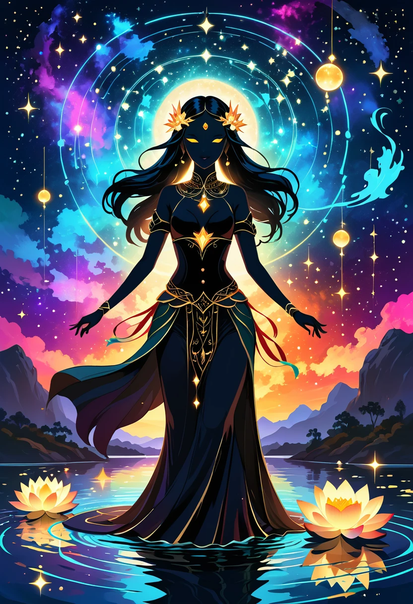 Astrologer，In the middle of the lake, Mysterious female black silhouette in the middle of the night, Surrounded by glowing constellations, Summoners dance to appease the spirits of the dead. Ceremonial canvas clothing. Sensual. Multiple magic arrays. Dynamic dance. Black Lotus. Colorful palette.