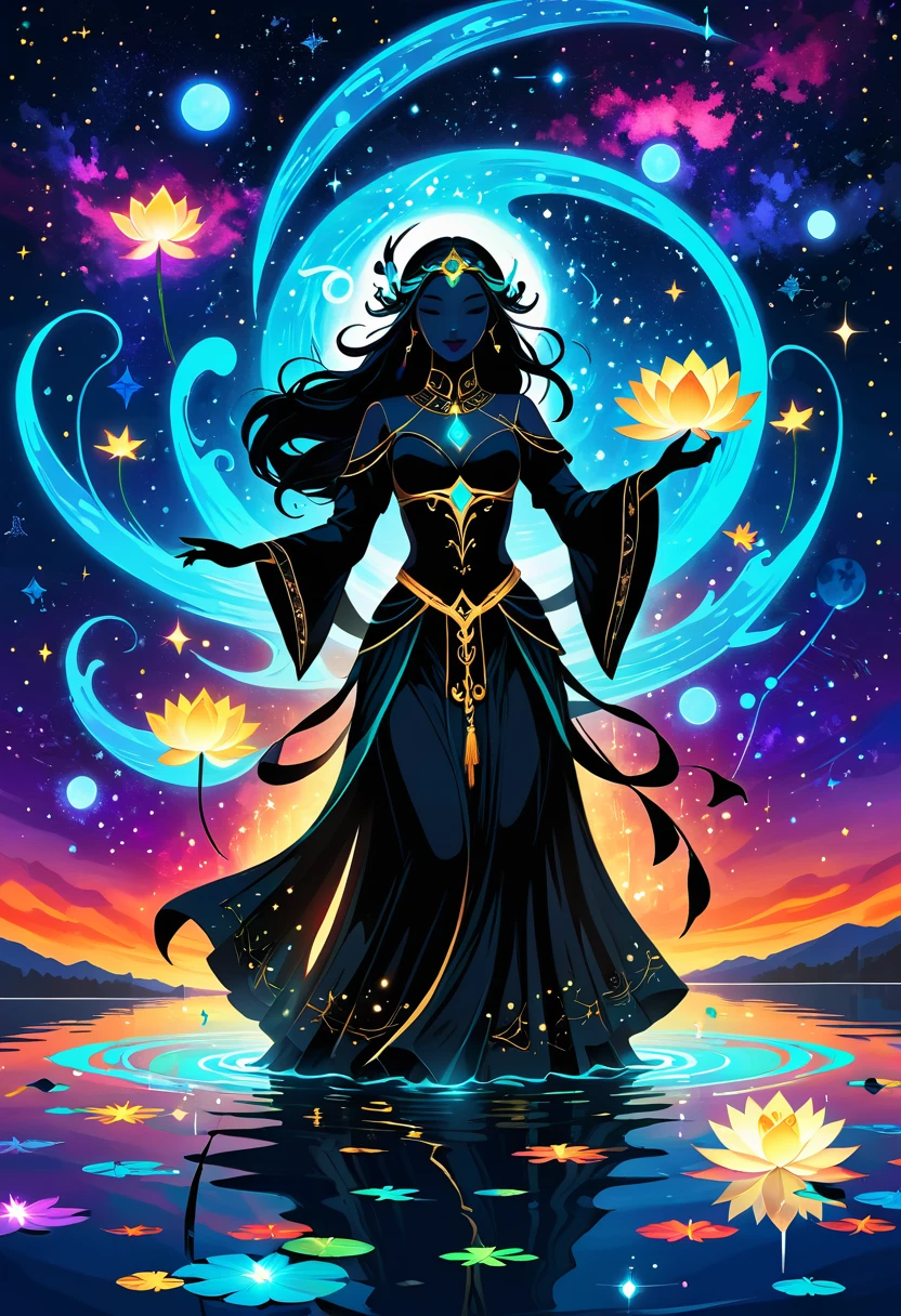 Astrologer，In the middle of the lake, Mysterious female black silhouette in the middle of the night, Surrounded by glowing constellations, Summoners dance to appease the spirits of the dead. Ceremonial canvas clothing. Sensual. Multiple magic arrays. Dynamic dance. Black Lotus. Colorful palette.