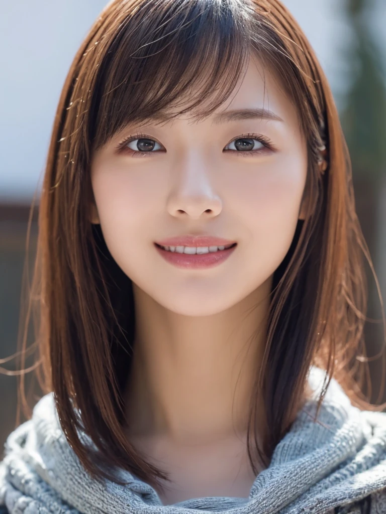One Girl, (Wear winter clothes:1.2), (RAW Photos, Highest quality), (Realistic, Photorealistic:1.4), Tabletop, Very delicate and beautiful, Very detailed, 2k wallpaper, wonderful, In detail, Very detailed CG Unity 8K 壁紙, Super detailed, High resolution, Soft Light, Beautiful detailed girl, Very detailed目と顔, Beautifully detailed nose, Beautiful attention to detail, Cinema Lighting, Winter Scenery, Perfect Anatomy, Slightly enlarged chest, Was nervous, Straight semi-long hair, bangs, View your viewers, smile、