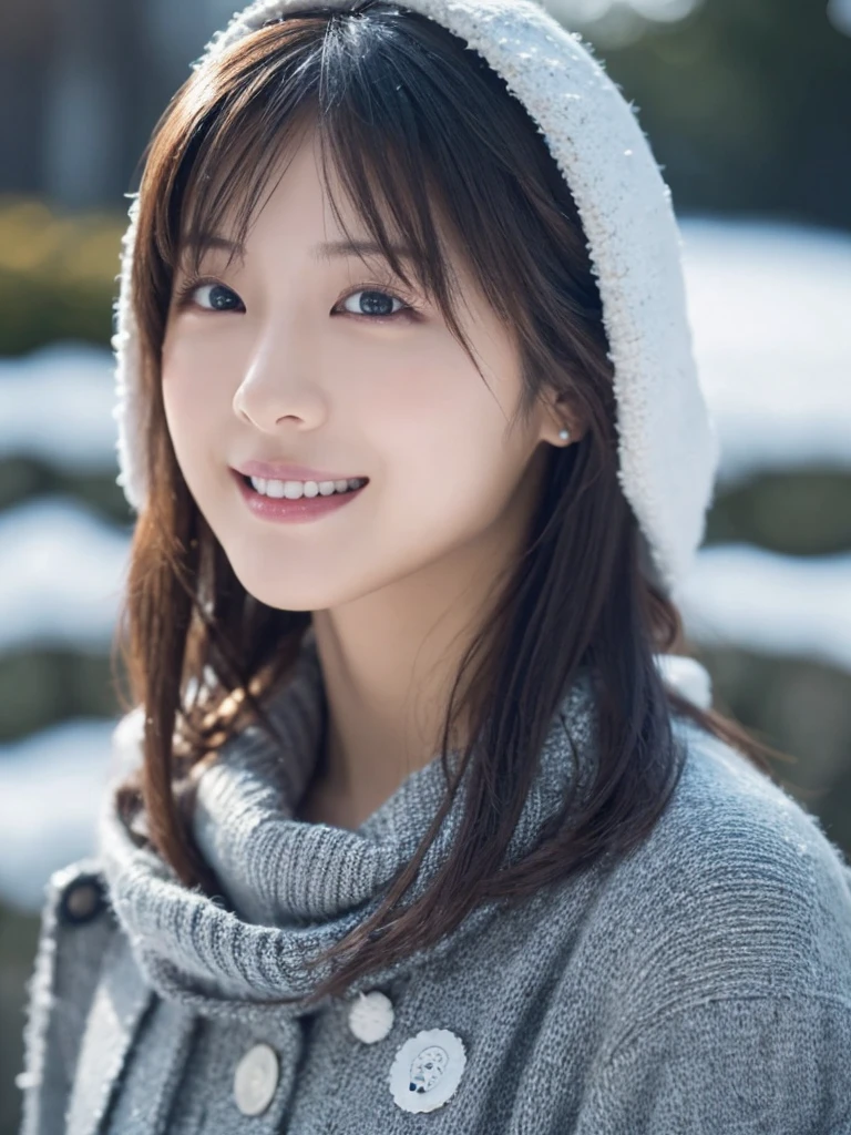 One Girl, (Wear winter clothes:1.2), (RAW Photos, Highest quality), (Realistic, Photorealistic:1.4), Tabletop, Very delicate and beautiful, Very detailed, 2k wallpaper, wonderful, In detail, Very detailed CG Unity 8K 壁紙, Super detailed, High resolution, Soft Light, Beautiful detailed girl, Very detailed目と顔, Beautifully detailed nose, Beautiful attention to detail, Cinema Lighting, Winter Scenery, Perfect Anatomy, Slightly enlarged chest, Was nervous, Straight semi-long hair, bangs, View your viewers, smile、