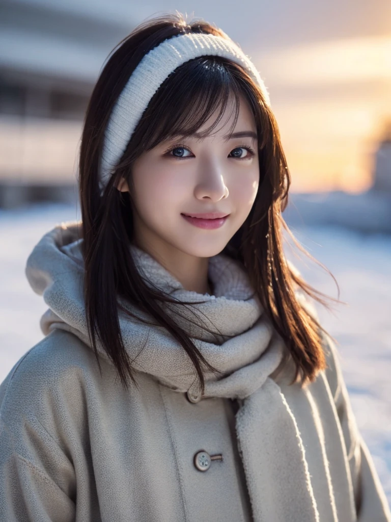 One Girl, (Wear winter clothes:1.2), (RAW Photos, Highest quality), (Realistic, Photorealistic:1.4), Tabletop, Very delicate and beautiful, Very detailed, 2k wallpaper, wonderful, In detail, Very detailed CG Unity 8K 壁紙, Super detailed, High resolution, Soft Light, Beautiful detailed girl, Very detailed目と顔, Beautifully detailed nose, Beautiful attention to detail, Cinema Lighting, Winter Scenery, Perfect Anatomy, Slightly enlarged chest, Was nervous, Straight semi-long hair, bangs, View your viewers, smile、