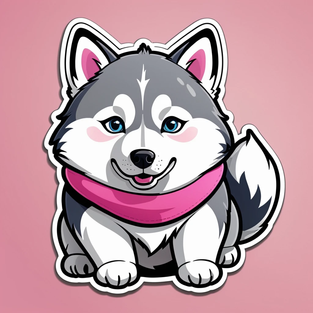 Clothing sticker design, cartoon husky, husky sticker, A high resolution, high detail, cartoon style, color gray and pink