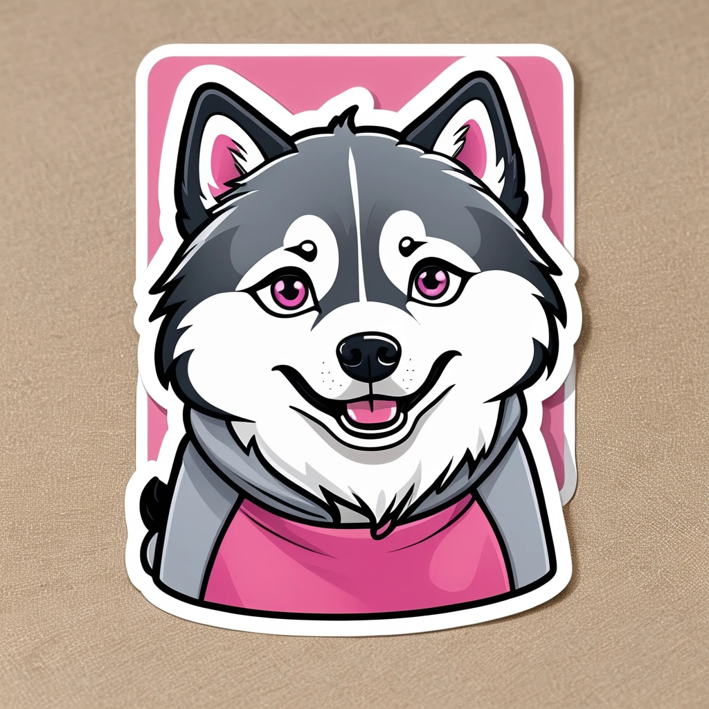 Clothing sticker design, cartoon husky, husky sticker, A high resolution, high detail, cartoon style, color gray and pink