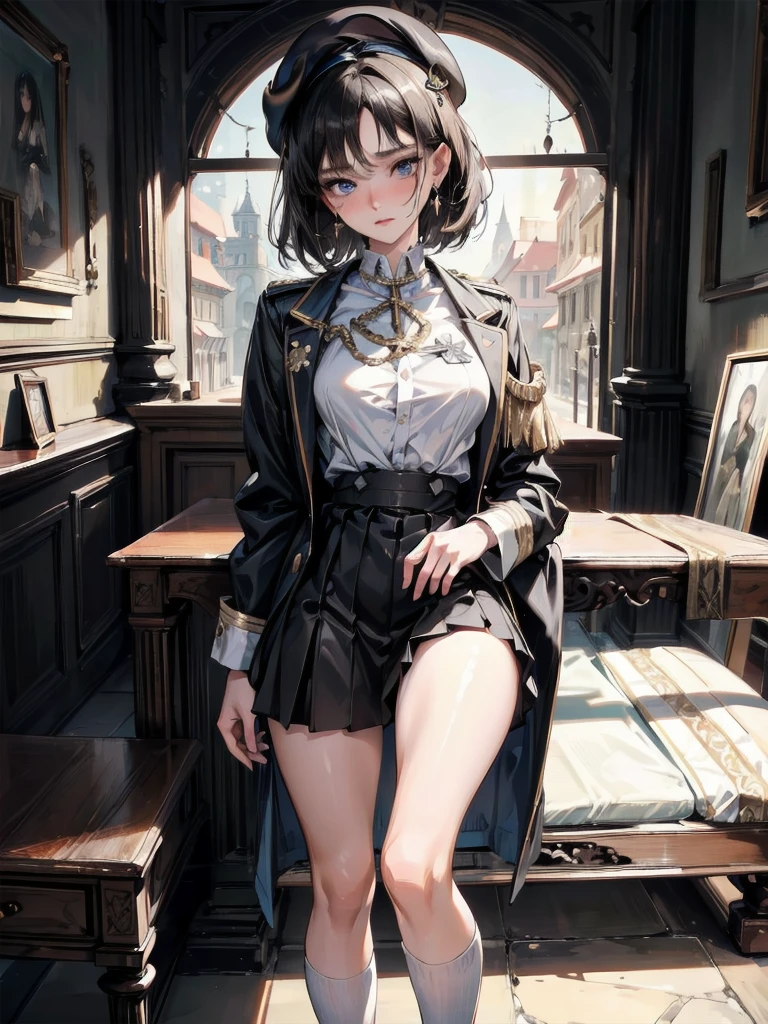 absurdres, RAW photo, extremely delicate and beautiful, masterpiece, Best Quality, ultra high resolution, 32k, hyperrealistic, ultra-detailed, delicate facial features, beautiful detailed woman, tearful mole, earring, medium breasts, full body shot, medium hair, black hair, beret, skirt, military uniform,