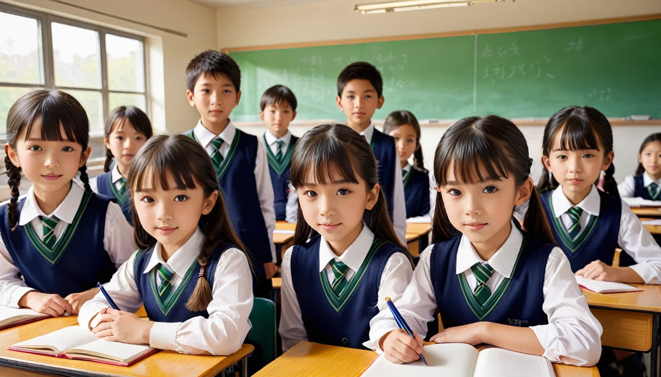 MULTIPLE , Group photo, 3+girl,4+boy, study, detailed , View the viewer, Highest quality, employment, detailed background, Beautiful lighting, classroom