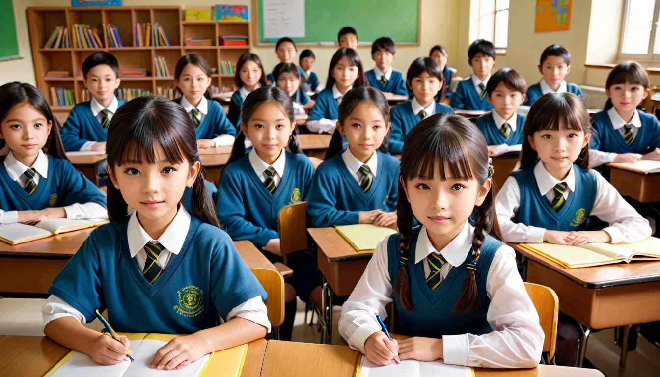 MULTIPLE Elementary School Students, Group photo, 3+girl,4+boy, study, detailed , View the viewer, Highest quality, employment, detailed background, Beautiful lighting, classroom