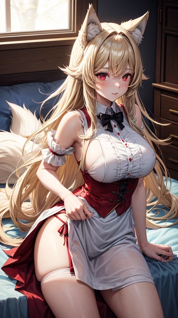 Female wolf, wears short maid clothes showing her panties, has long fluffy blonde hair, has red eyes, has large breasts, He has wolf ears and a wolf tail.