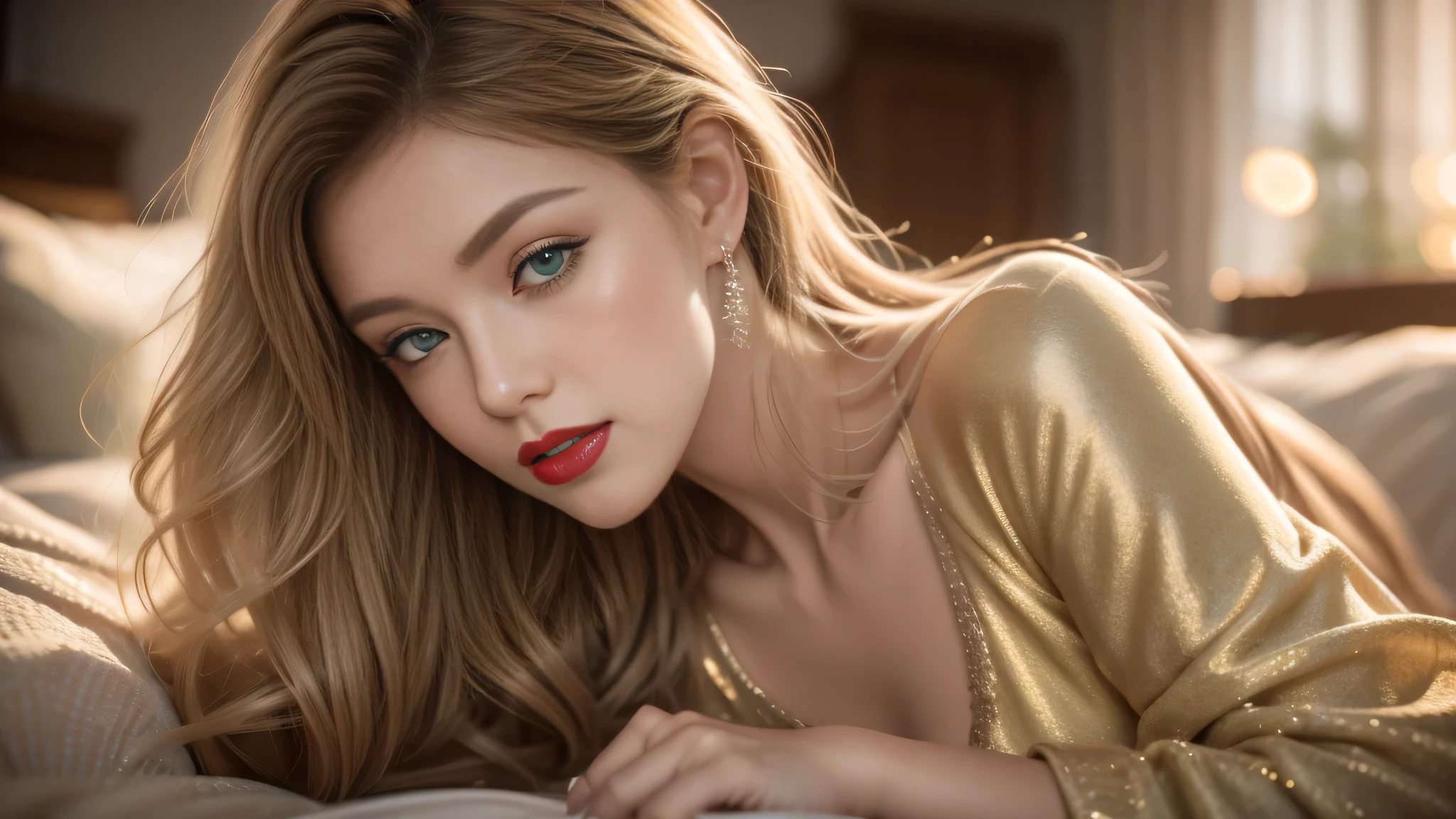 A beautiful young woman, （A woman），blond，Gently falls to the shoulders in the form of waves, medium height, Big green eyes, Fair skin, Wearing pajamas, Lying on the sofa, The environment is illuminated by warm and pleasant lighting, A calm face, Lips with red lipstick, 8k Textures, Very detailed, Realistically, Soft lighting, Human Development Report, Sharp focus, masterpiece, Fotor is very realistic, Award-winning photography, Canon EOS R5, 35 mm