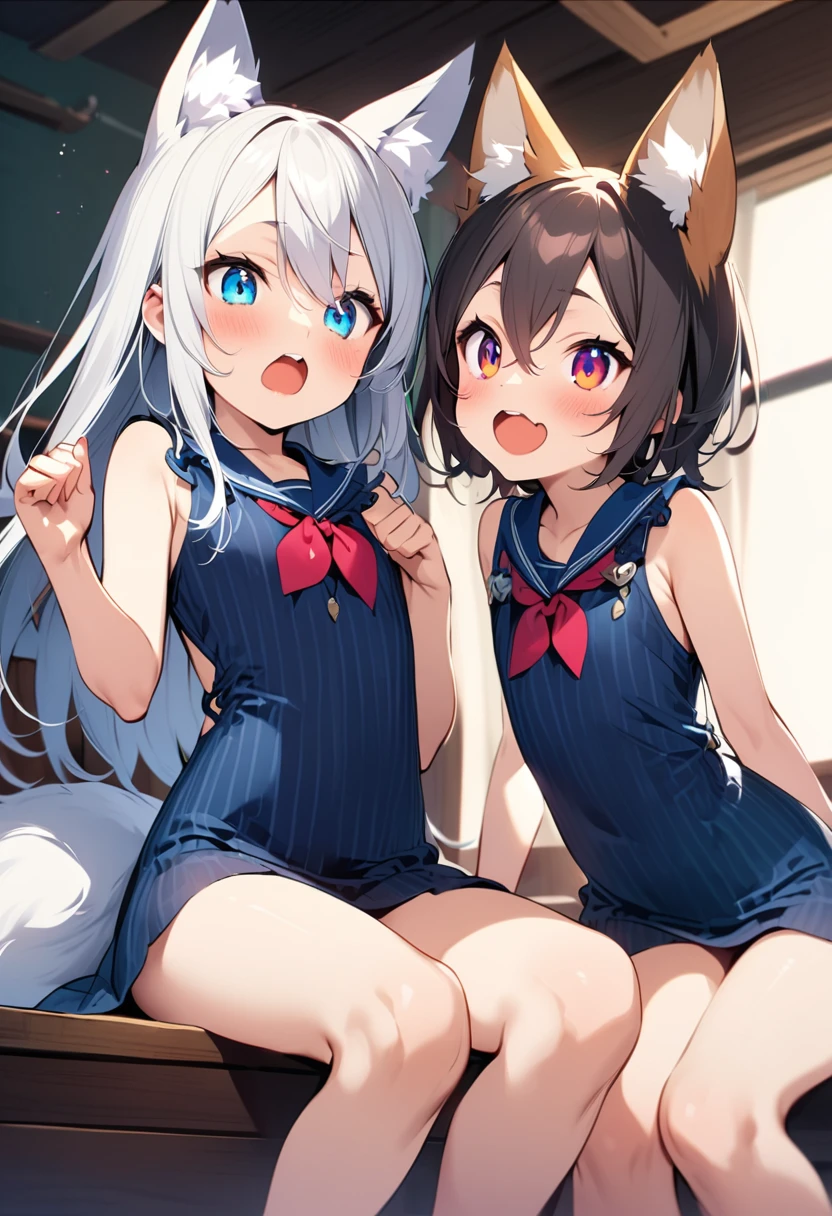 beautiful eyes,{best quality}, {very aesthetic}, {ultra-detailed}, {best illustration}, {{2boys}}, beautiful eyes,bl, Boys love,Two sexy boys,(Fox ears),open mouth,((otoko no ko)),(silver long hair)