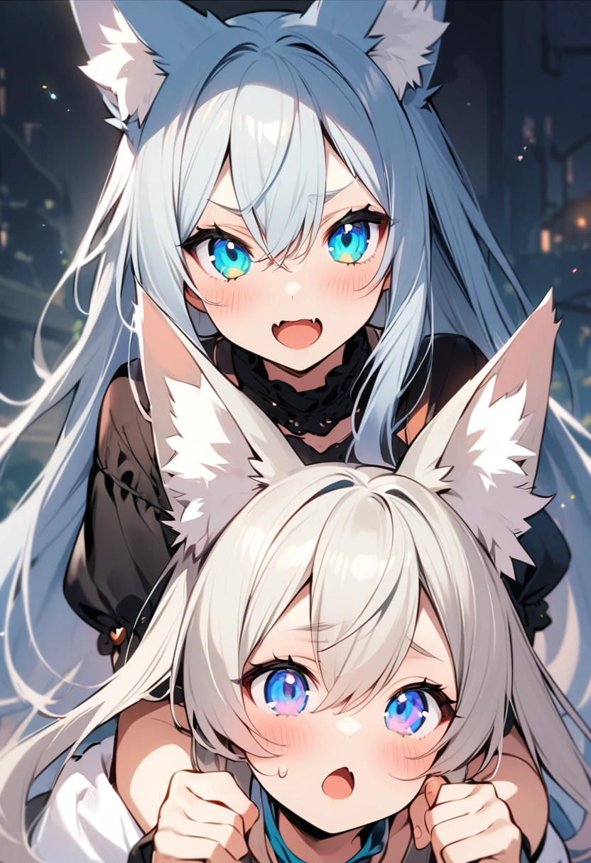 beautiful eyes,{best quality}, {very aesthetic}, {ultra-detailed}, {best illustration}, {{2boys}}, beautiful eyes,bl, Boys love,Two sexy boys,(Fox ears),open mouth,((otoko no ko)),(silver long hair)