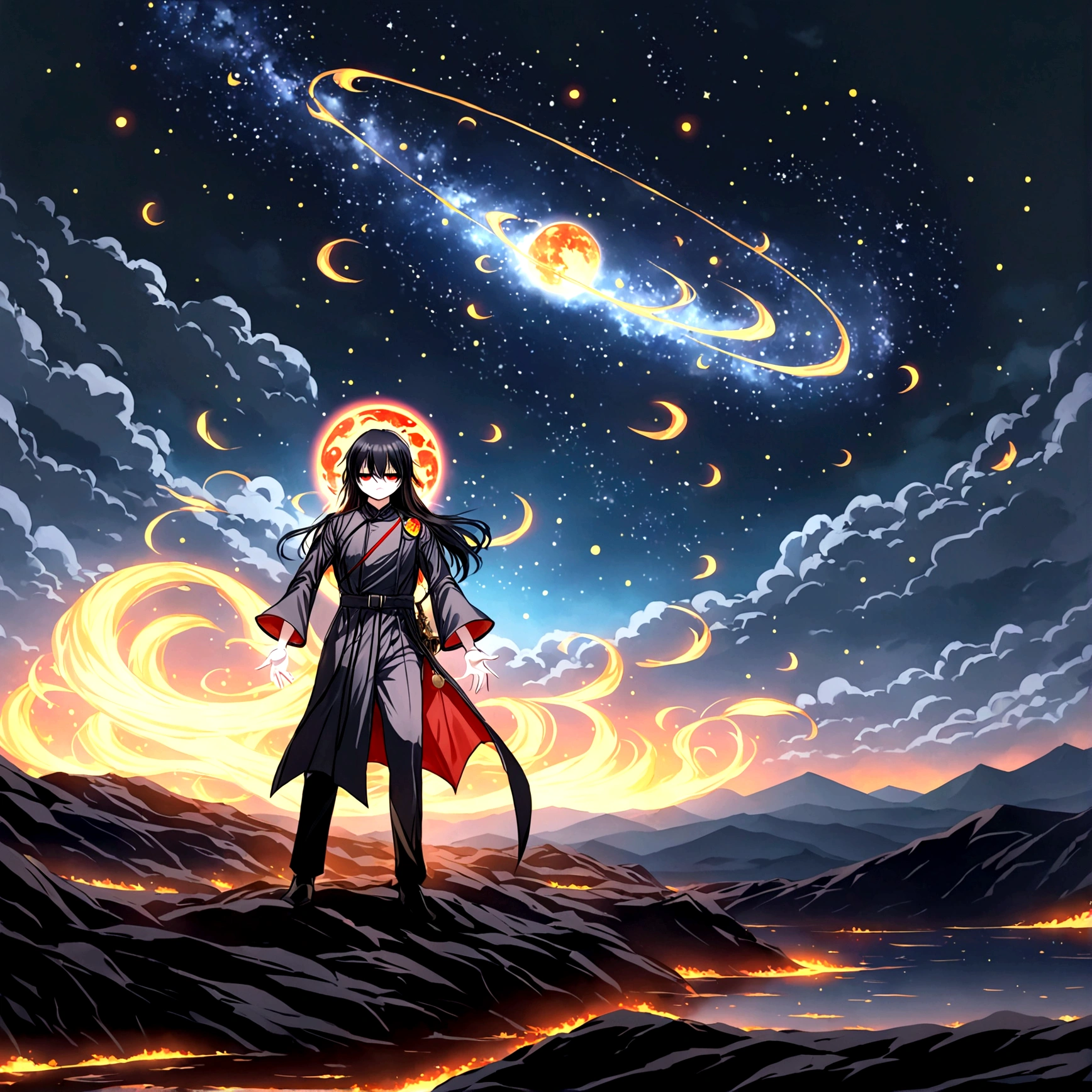 Create one of a man who is the God of death stands above A starry night sky, with an intense glow on the horizon.  Remember it&#39;s to create a man not a woman.
