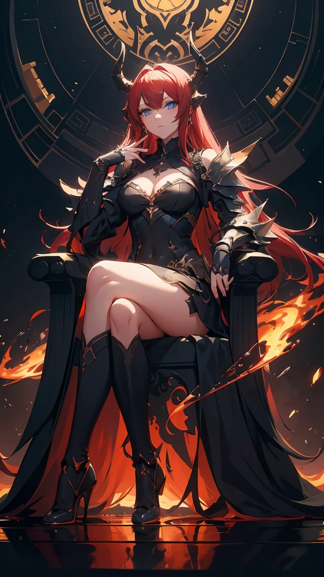 (masterpiece), (best quality), (high uqality), (8k), girl, (full-body), dragon armor, intricate details, red glow, short shilver hair, back messy hair, detailed hair strands, light blue eyes, dominance expression, sitting on a fabulous looking throne in hell, fire background, and dragons in the night sky, fierce aura, (high quality ilumination)