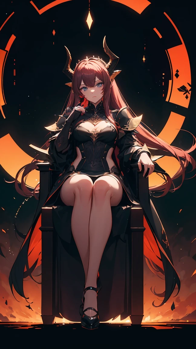 (masterpiece), (best quality), (high uqality), (8k), girl, (full-body), dragon armor, intricate details, red glow, short shilver hair, back messy hair, detailed hair strands, light blue eyes, dominance expression, sitting on a fabulous looking throne in hell, fire background, and dragons in the night sky, fierce aura, (high quality ilumination)