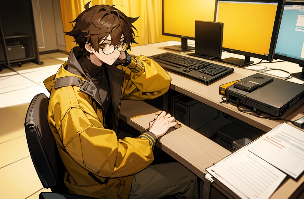 anime boy character looking forward and sitting on a chair behind a table in studio his jacket color is yellow and also Wear black glasses and big brown hair , add a studio table with laptop and mic front of boy