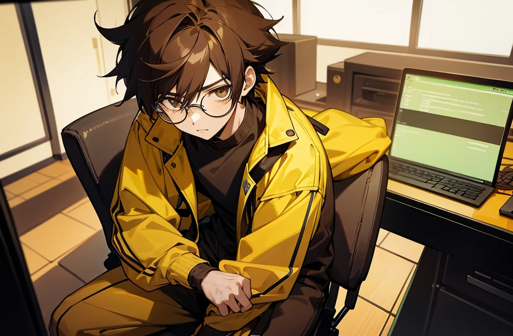 anime boy character looking forward and sitting on a chair behind a table in studio his jacket color is yellow and also Wear black glasses and big brown hair , add a studio table with laptop and mic front of boy