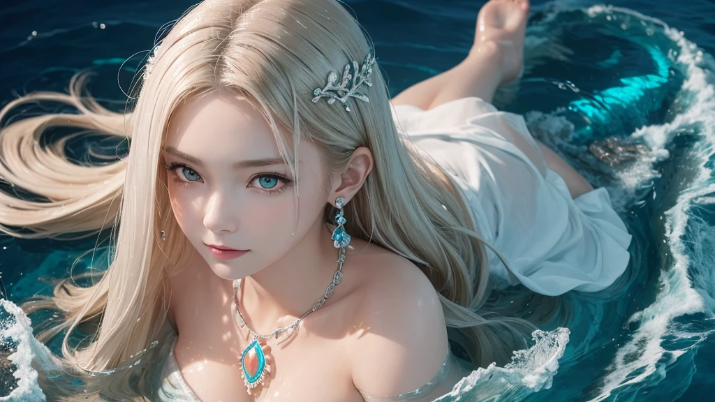 （Highest Quality Realistic Textured Skin),(terrible),(OK, round, Symmetrical eyes),Delicate facial features,(Burning bright cold eyes),(She has a mischievous smile),(Her face is kind and beautiful),Glass earrings in the ears,,(blonde),(Silvery white hair),(Chestnut Hair),(Swim at the bottom of the ocean)，(Full body portrait:1.5),(Dramatic Photos:1.4),(Dramatic Pose),(Flashy photos)(look up),(Looking down),(Around her neck is a simple necklace made with exquisite craftsmanship.),Cluttered photos，(Hair flowing in water:1.5),(Underwater, Life at sea, 美しいCoral Reef, fish),(Background vortices and currents),(Dramatic Light),(Nice views),(美しいfishに囲まれて),遠くの背景にはCoral Reefに沈んだ寺院が見える,Coral Reef,Spectacular realism,Cinematic atmosphere,(High-density image review:1.5),(Soft colors:1.2),Very detailed,Dramatic Light,(Intricate details:1.1),Complex background,