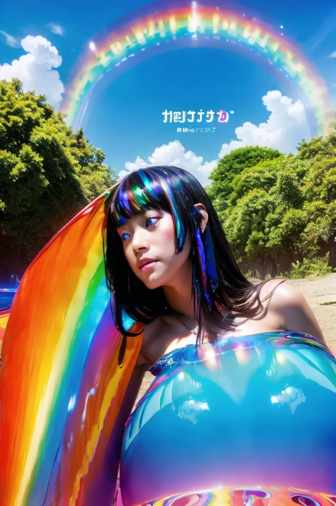 (Highest quality), (8K), (Highest quality), (live-action), (Realistic photos), summer、summerを感じる物、summerを感じる風景, blue sky, Rainbow and sunshine shining.16K, Ultra-high resolution, Shining in rainbow colors、to be born,wonderful ,future、Iridescent、The world 30 years from now。